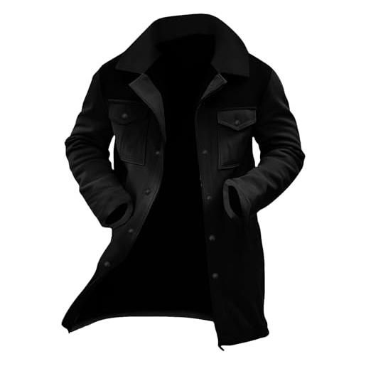 Generisch giacca invernale da uomo, lunga, in pelle scamosciata, foderata, calda, in jeans, con colletto in peluche, antivento, per le mezze stagioni, stile vintage, con tasche multiple, nero , 3xl