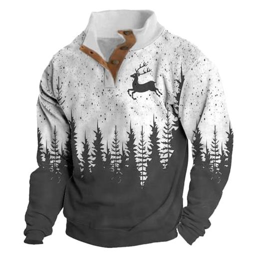 VPQILH felpa natale uomo, maglione natalizio uomo albero natale renne motivo felpe natalizie, sweatshirt con bottoni maglia di tuta pile fodera caldo xmas pullover ugly christmas sweater casual larghe