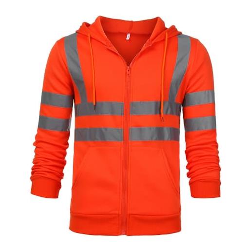 Qichenx giacca da lavoro con cerniera, felpa con cappuccio riflettente per uomo - autunno/inverno, giubbino in pile da lavoro (it, testo, xl, regular, regular, arancione a)