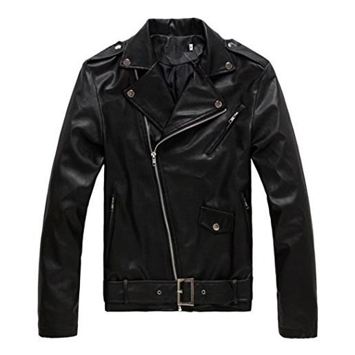 LaoZan uomo giacca di cuoio del faux biker moto blazer cappotto bomber in ecopelle con cerniera m nero