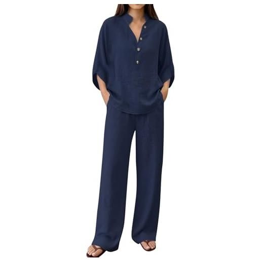 Chanpning tuta da donna in lino casual due pezzi completo donna estivo lino leggera elegante estivo completo elegante top e pantaloni a tinta unita con scollo a v completi con pantaloni manica lunga