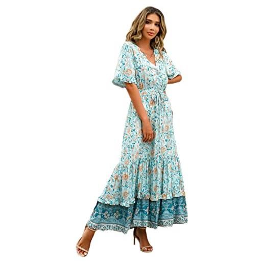 R.Vivimos abito boho estivo donna abito sexy scollo a v bottoni manica corta vestito elegante con volant orlo abito lungo maxi da spiaggia casual per le vacanze(s, blu turchese-floreale)