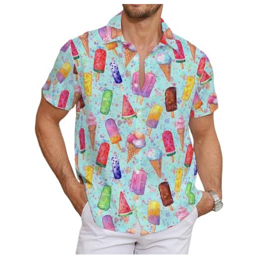 METRONS - camicia hawaiana da uomo a maniche corte, con stampa floreale tropicale, chiusura a bottoni, gelato. , m