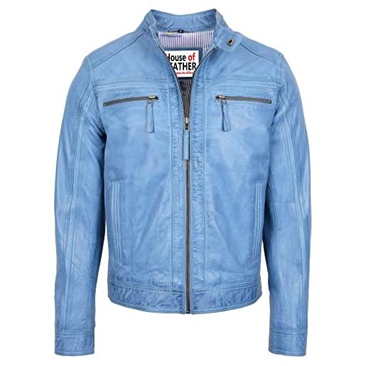 House Of Leather giacca da uomo in vera pelle, stile motociclista, casual, stile café racer, charlie, di House Of Leather, blu cielo, m
