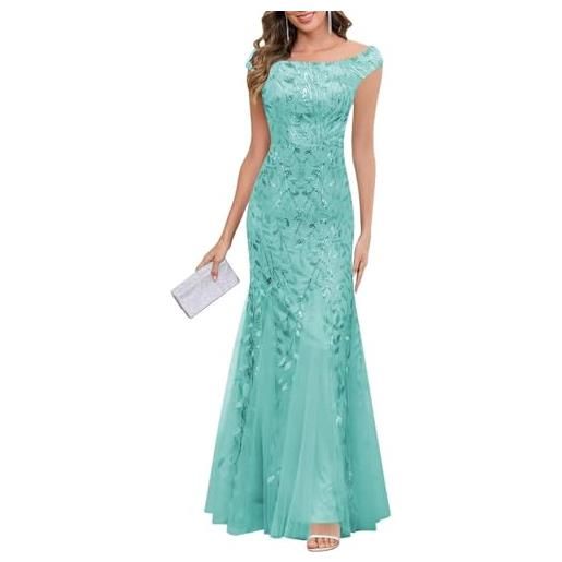 KIYNE abito da donna in tulle con paillettes per madre della sposa, maniche lunghe, abito da cerimonia nuziale a sirena, turchese, 42