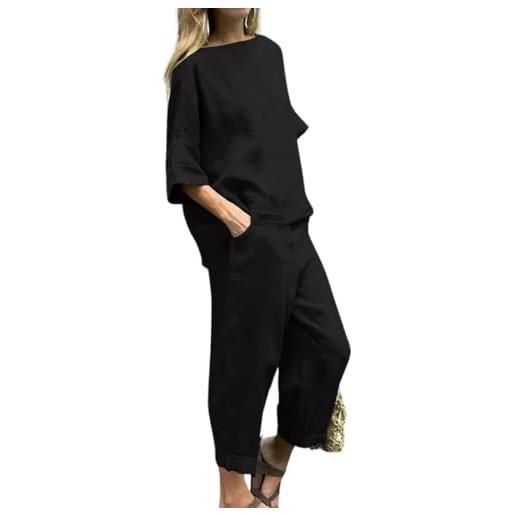 Generic completo a due pezzi da donna con gonna e top estivo, in lino, 2 pezzi, taglie forti, tuta da spiaggia da donna, abbigliamento da viaggio, abbigliamento da viaggio, pantaloni estivi estivi, nero , l