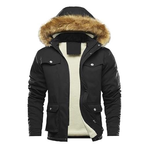 Generisch giacca invernale da uomo con calda imbottitura, in pile con cappuccio in pelliccia, impermeabile, antivento, comoda fodera in peluche, per attività all'aperto, casual, da lavoro, nero , m