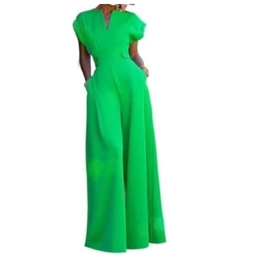 Suncadmious tuta estiva elegante casual donna tuta vita alta maniche corte tasche pantaloni gamba larga cerniera collo v (verdi, m)