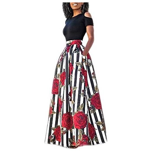 Angel ZYJ donna vestiti lunghi due pezzi senza spalline manica corta camicetta + rosa stampa gonne lungo elegante vestito abito maxi da sera (g, 2xl)
