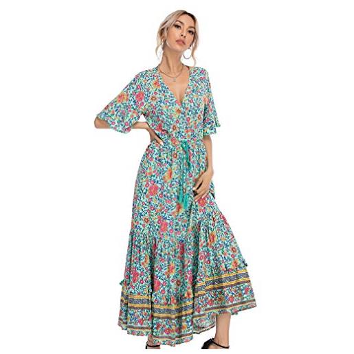 R.Vivimos abito boho estivo donna abito sexy scollo a v bottoni manica corta vestito elegante con volant orlo abito lungo maxi da spiaggia casual per le vacanze(m, verde#2)
