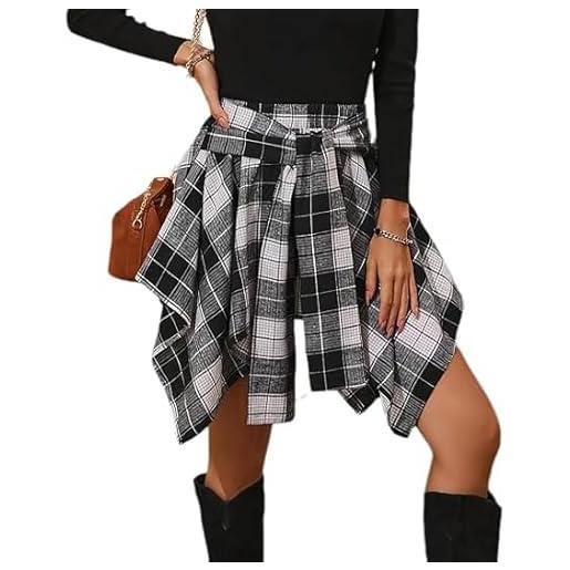 Chvity minigonne da donna a vita alta con orlo asimmetrico alla moda a quadri, nero, l