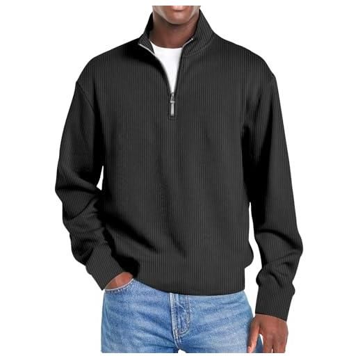 Generic felpa da uomo con zip a quarto e collo a lupetto, tinta unita, alla moda, tinta unita, elegante, casual, da lavoro, senza cappuccio, felpa top da corsa pullover look sportivo, nero , 3xl
