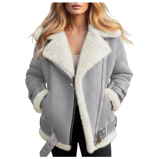 Generico cappotto in pile teddy da donna: giacca invernale calda per autunno e inverno, stile motociclista, maniche lunghe, effetto pelle scamosciata, similpelle, bomber