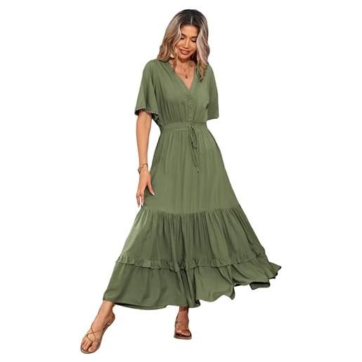 R.Vivimos abito boho estivo donna abito sexy scollo a v bottoni manica corta vestito elegante con volant orlo abito lungo maxi da spiaggia casual per le vacanze(xl, army. Green)