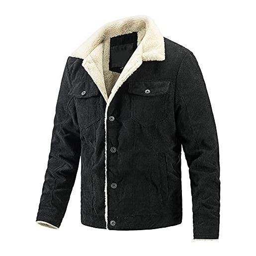 GUOCU giacca da uomo velluto coste stile vintage tinta unita risvolto fodera in peluche confortevole caldo giacca corta slim monopetto multi tasches taglia larga casual capispalla, nero, l