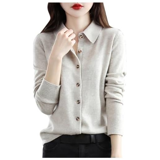 PODOLIXIA cardigan da donna corto con colletto polo lavorato a maglia, camicetta da donna, elegante, maglione da donna, maglione con bottoni, tinta unita, cachi, xxl