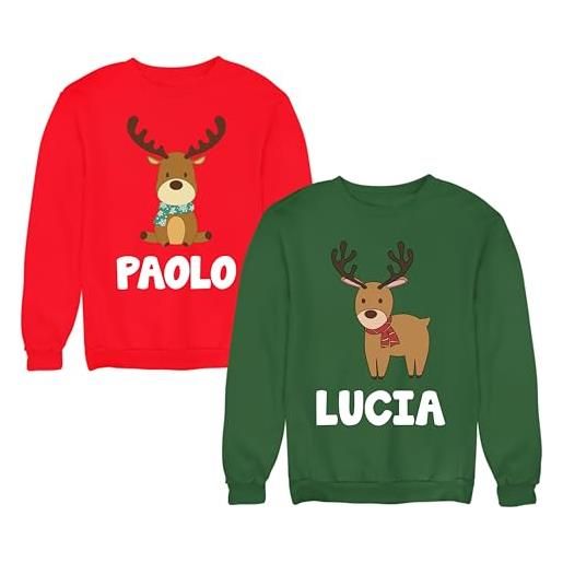 Colorfamily coppia felpe natale personalizzabili con nome baby renne - felpa girocollo lui e lei - maglioni natalizi divertenti