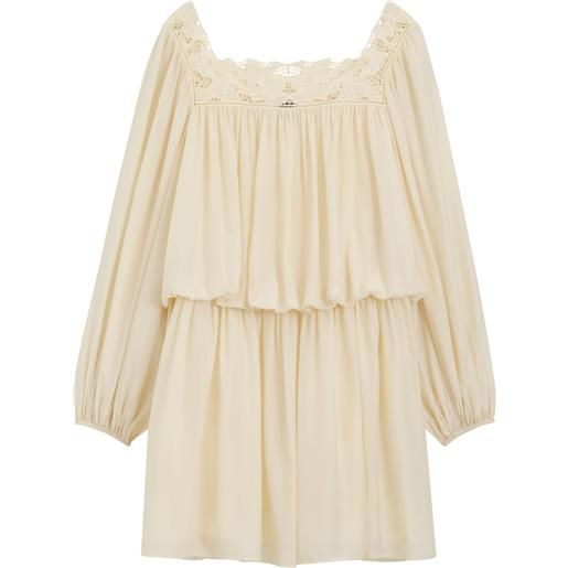 BOSS vestito in mussola relaxed fit con scollatura ricamata, giallo chiaro