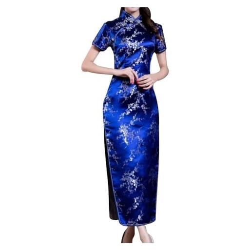 Generisch abito cheongsam cinese ricamato manica corta lunga lunghezza signore tradizionale qipao, blu scuro, s