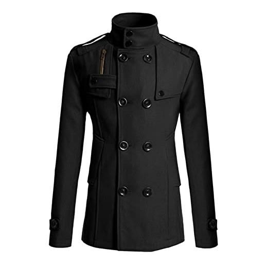 AOKODA giacca uomo tinta unita doppiopetto cappotto media lunghezza uomo colletto stand-up stile british urbano casual tweed cappotto uomo temperamento autunno inverno cappotto uomo a-black l