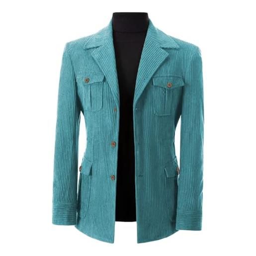 Stillluxury giacca da uomo in velluto a coste a righe giacca monopetto retrò primavera autunno sport cappotto per ballo di fine anno matrimonio, turchese scuro. , l