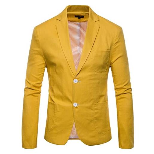 Dinnesis giacca in cotone e lino, da uomo, vestibilità normale, con collo sciallato, con 2 bottoni, tinta unita, slim fit, sportiva, giacca da uomo, blazer per lavoro, matrimonio, feste, m-4xl, giallo. , xxxl
