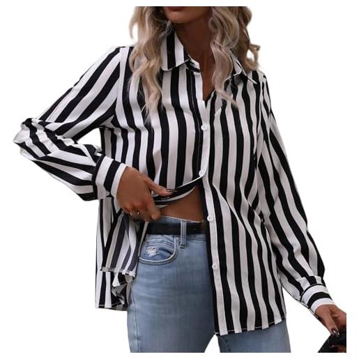 Generico t shirt donna camicia a righe a maniche lunghe classica da donna, camicie casual con bottoni, top basic, camicetta ampia da ufficio, versatile per tutte le occasioni, nero xs