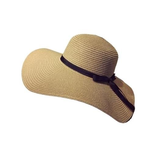 Generisch cappello da sole da donna in paglia, con fiocco, tesa larga, cappello floppy, cappello da spiaggia pieghevole, da 57 a 58 cm, colore 3, m