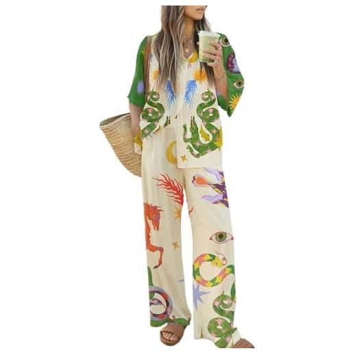 ThiCc abiti da donna in lino bohémien, set estivo casual con stampa graffiti, set abbinato a maniche corte con bottoni e pantaloni con tasche abbigliamento da casa hawaiano, #1, l