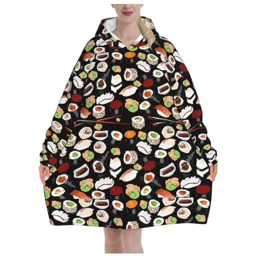 PPHGUT sushi giapponese stampa nera coperta con cappuccio oversize con maniche regali inverno natale, nero , 320g flannel
