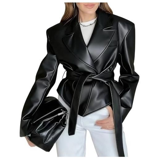 Generic giacca oversize in similpelle da donna, con risvolto, alla moda, stile y2k, corta, casual, leggera, con cintura, nera, taglia xs