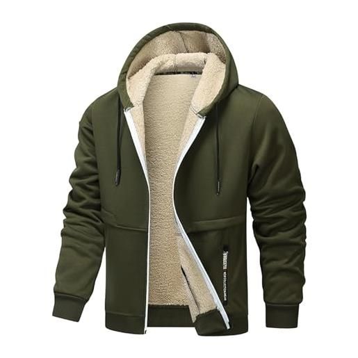 Generisch teddy, giacca in pile da uomo in lana d'agnello, spessa giacca invernale con cappuccio, tinta unita, calda, per il tempo libero, foderata in pile, per attività all'aria aperta, verde, m