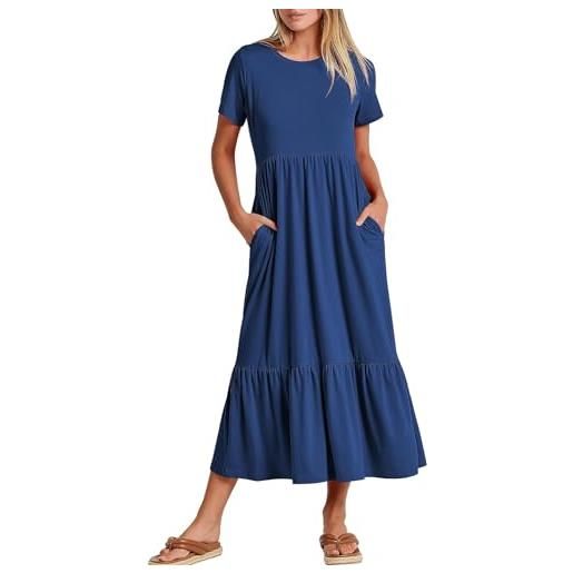 Placitiume - abito lungo estivo da donna a strati sciolti, a maniche corte, stile casual da spiaggia con tasche, moda 2024, blu, m