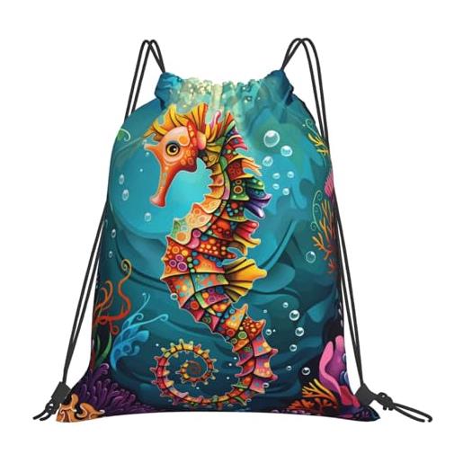 Generic borsa con cordoncinosacca con cordoncino per all'aperto escursionismo donna 36x42cm regolabile moda borsa palestra colorful sea horses