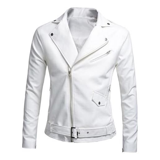 ZDJSWJ giacca in pelle con lacci laterali da uomo slim fit similpelle bike jacket flip neck moto pu jacket, bianco, l