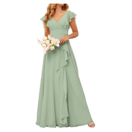 WSEYU abito da damigella d'onore da donna in chiffon, con pieghe e scollo a v, abito da sera formale, abito da cerimonia, senza schienale, acqua, 42