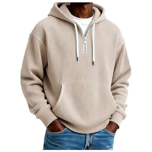 VEMOW felpe con cappuccio per uomo pullover, cerniera quarter zip casual, maniche lunghe a maglia velluto, con tasche, trend comfort(khaki, xs)