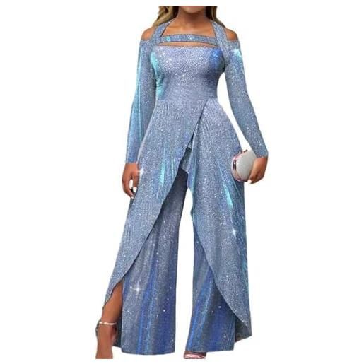 ORANDESIGNE monopezzi e tutine da donna tuta lunga jumpsuit elegante abito cerimonia tuta manica lunga vita alta pagliaccetti pantaloni a gamba larga romper playsuit cocktail c blu xl