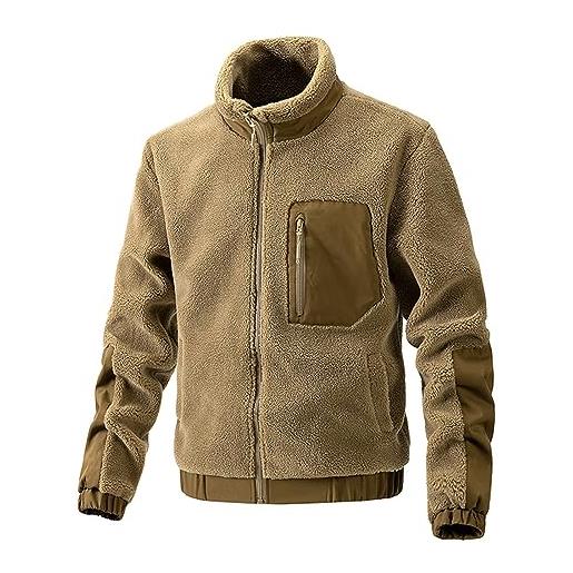 Vexiangni giacca da uomo con cappuccio teddy fleece felpa con cappuccio casuale zip cardigan con tasche cangroot, da uomo in pile teddy, cachi, l