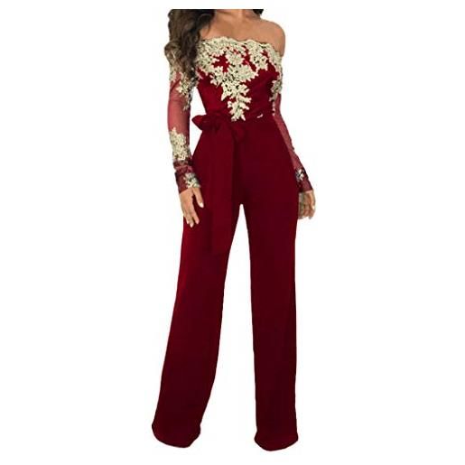 LZPCarra tuta da donna elegante per matrimonio - tuta da donna elegante lunga e lunga per feste, sexy, senza spalline, in pizzo, a maniche lunghe, con gamba larga, per cocktail, feste, feste, colore: rosso, s