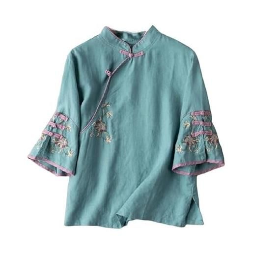 YONGHONGKEJI camicia donna camicie da donna camicette a maniche 3/4, camicette con bottoni a forma di rana in stile cinese, camicette con colletto alto, camicia etnica in cotone e lino, traspirante, 