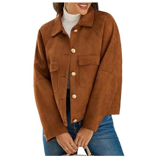 Cicy Bell giacca da donna in similpelle scamosciata oversize con risvolto, collo a lapel, abbottonatura a fondo primaverile, vintage, shackets casual, marrone, x-large