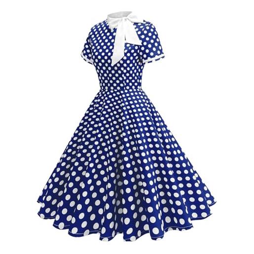 Generic abiti vintage da donna anni 1940, abito midi plissettato in stile audrey hepburn, abito retrò con stampa a pois, abito estivo a fiora con collo a o, manica corta con cintura, abito da festa, da