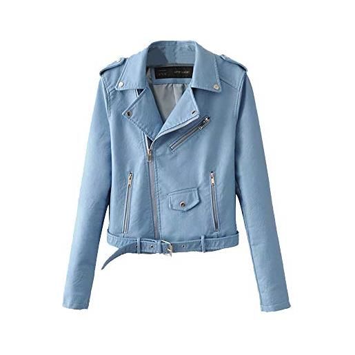 ShiFan giubbotto di similpelle chiodo donna giacca da motociclista pu pelle cappotto zip sottile blu m