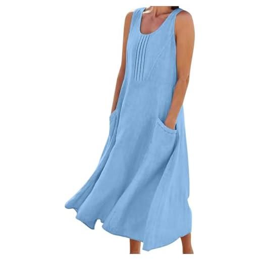 AMhomely abiti estivi da donna uk-womens in lino/cotone, senza maniche prendisole da spiaggia con tasca, abito svasato plissettato frontale, abito casual lungo al polpaccio, vacanze, blu chiaro. , xxl
