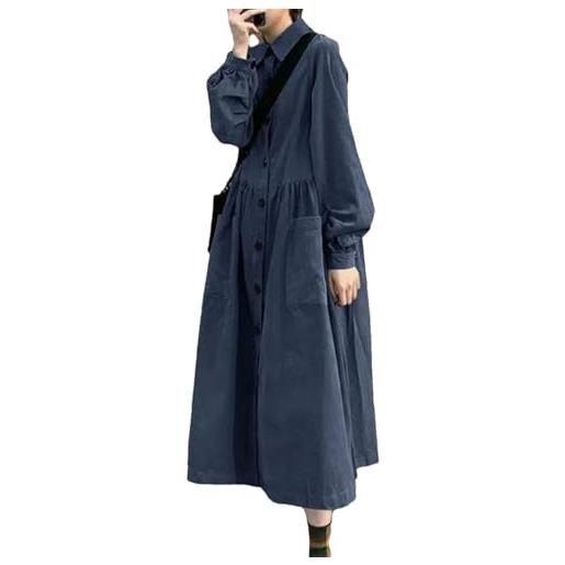 Generic modello da donna primavera vintage solido abito lungo tasche con risvolto vestito estivo velluto a coste abiti oversize bottoni retrò pieghe veste dark blue 5xl