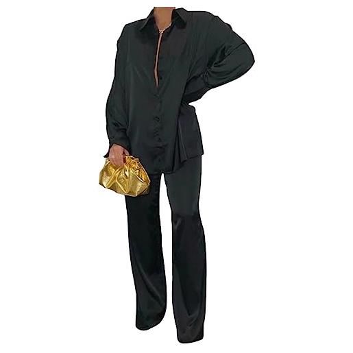 ORANDESIGNE completo donna elegante tailleur cerimonia curvy set coordinato abbigliamento pantaloni e camicia moda casual chic tuta 2 pezzi completino outfit business suit a nero 3xl