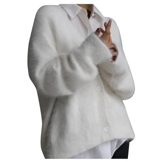 Generic cardigan in lana soffice da donna con pulsanti maglioni in lana con bottoni con apertura anteriore lavorato a maglia in lana morbido giacca corta invernale da donna, bianco, xl