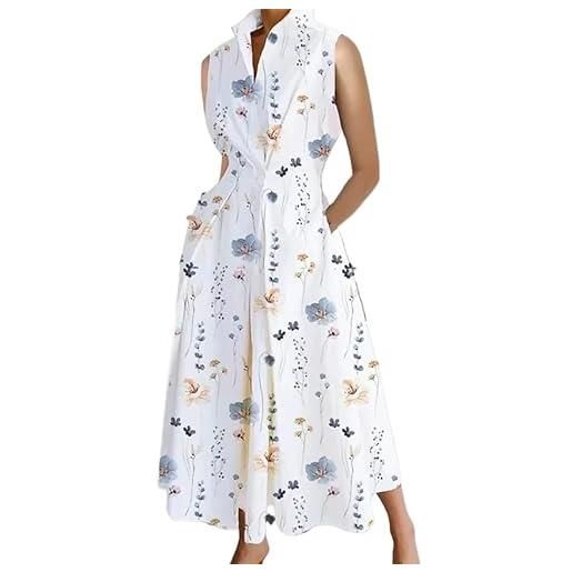 DSAoTeng maxi abito estivo da donna in cotone, con tasche, senza maniche, scollo a v, abito retrò per pendolari a vita alta, con risvolto plissettato, svasato, per ufficio e spiaggia, stampa fiori bianchi, xl
