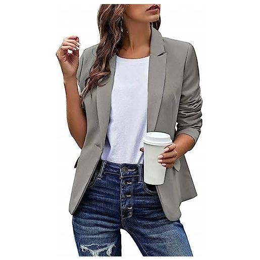 OBiQuzz blazer da donna, sportivo, elegante, con risvolto, corto, per lavoro, ufficio, giacca con bottoni, casual, alla moda, autunno, giacca corta, colore grigio, giacca per il tempo libero, cardigan aperto, 